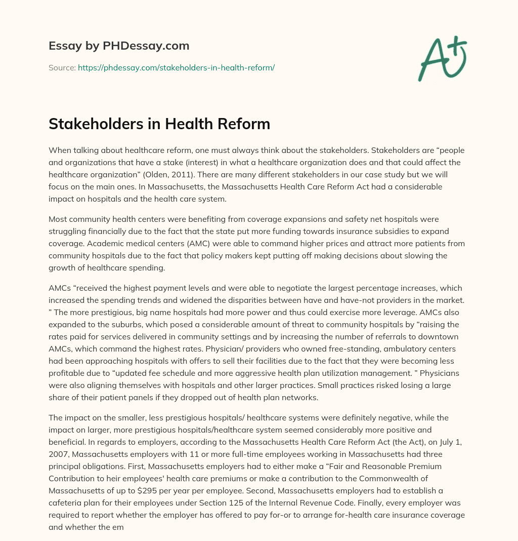 Stakeholders in Health Reform essay