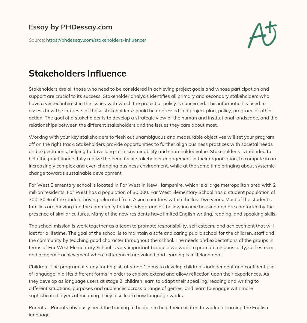 Stakeholders Influence essay