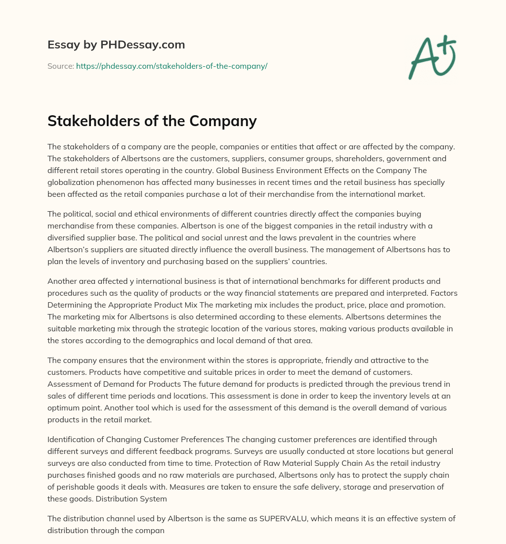 Stakeholders of the Company essay