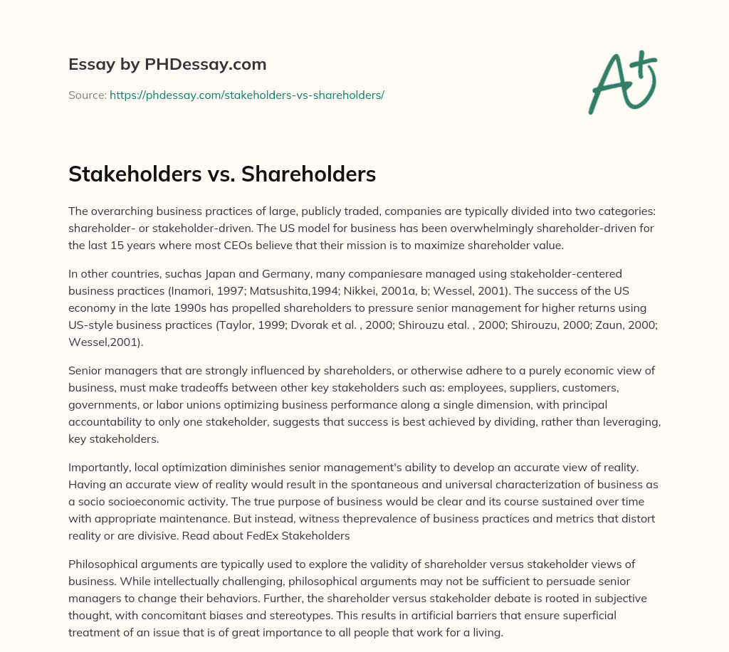 Stakeholders vs. Shareholders essay