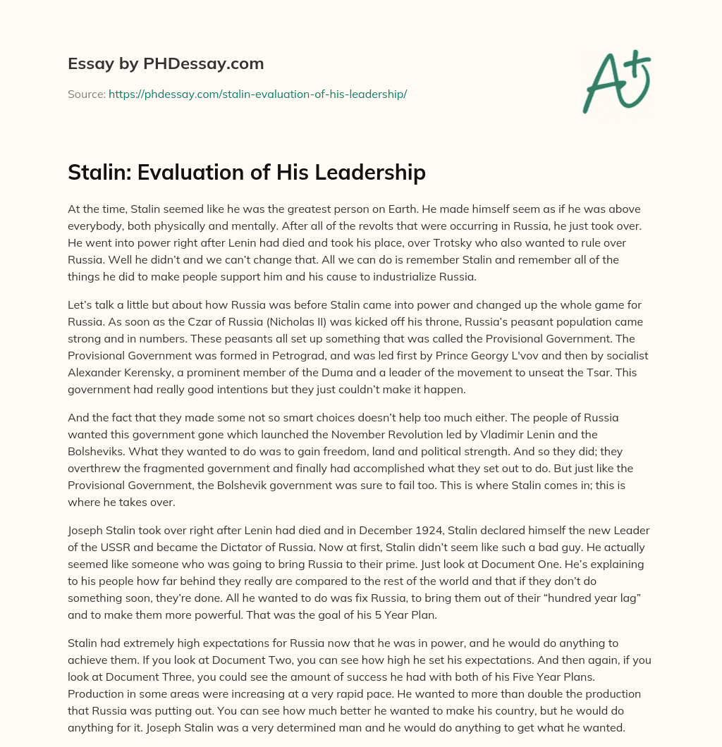 Stalin: Evaluation of His Leadership essay