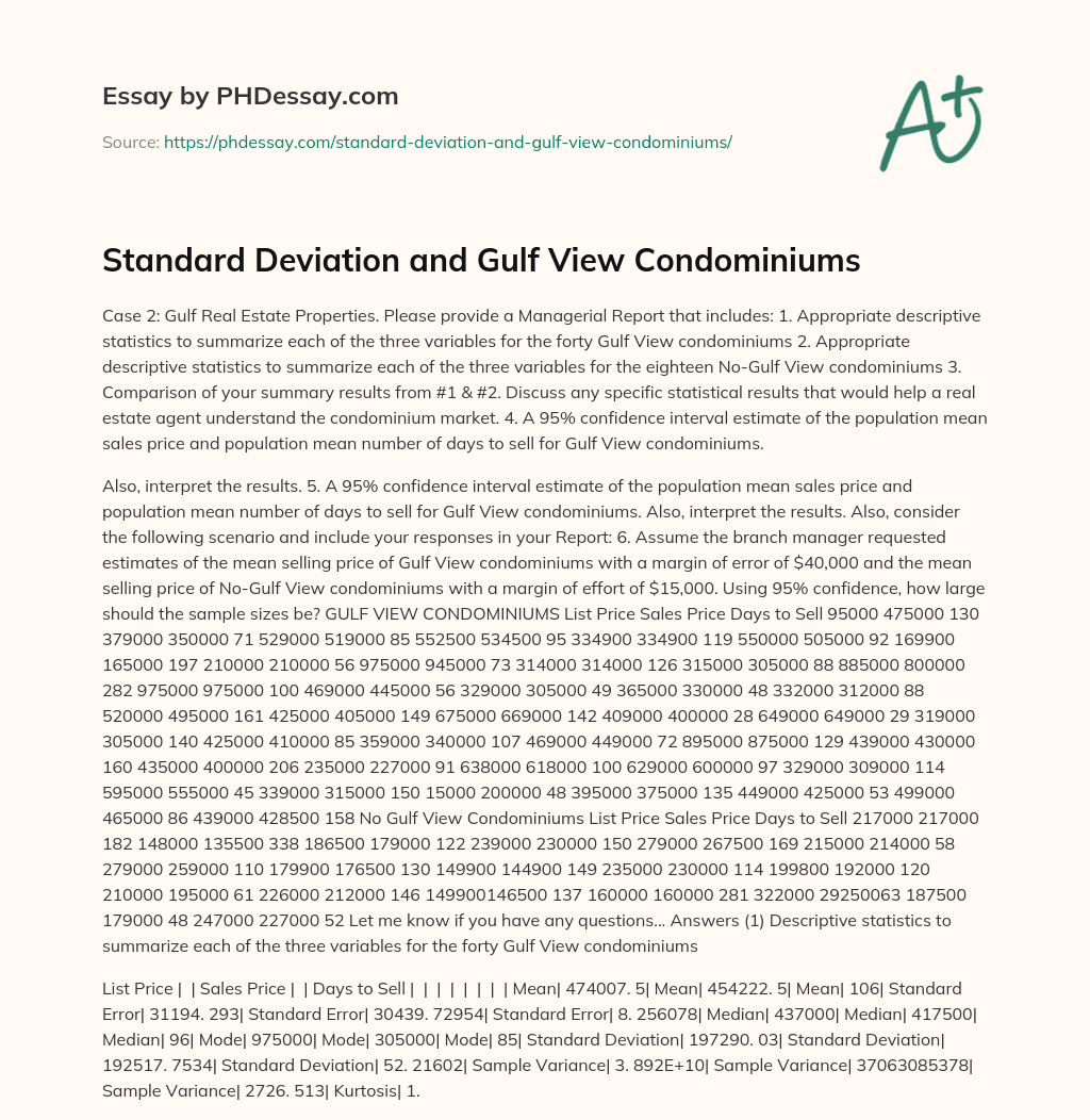 Standard Deviation and Gulf View Condominiums essay