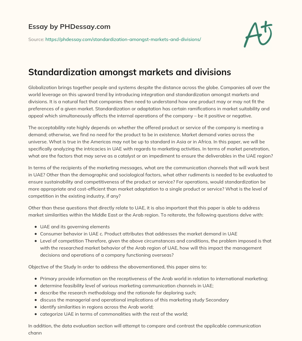 Standardization amongst markets and divisions essay