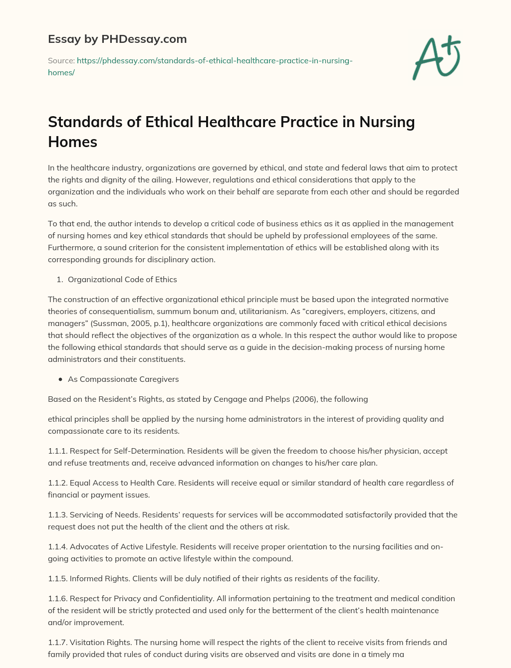 Standards of Ethical Healthcare Practice in Nursing Homes