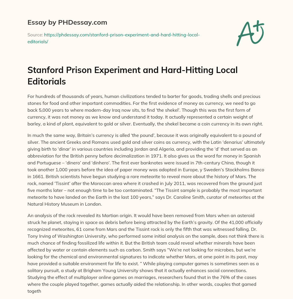Stanford Prison Experiment and Hard-Hitting Local Editorials essay