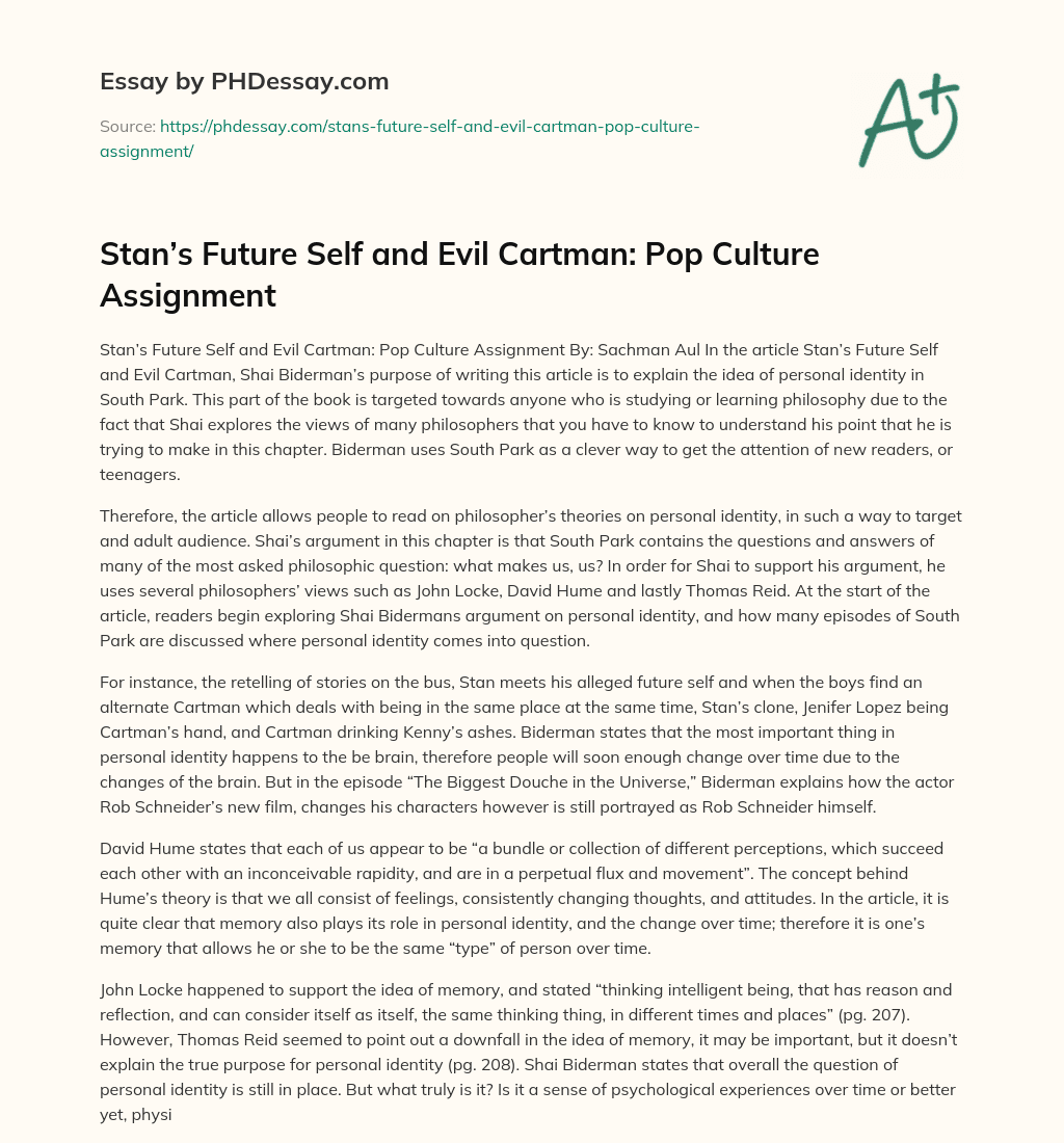 Stan’s Future Self and Evil Cartman: Pop Culture Assignment essay