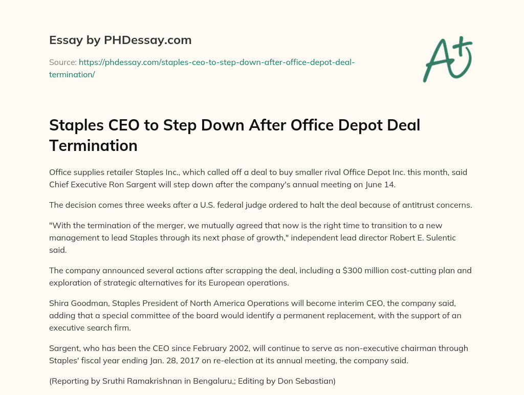 Staples CEO to Step Down After Office Depot Deal Termination essay