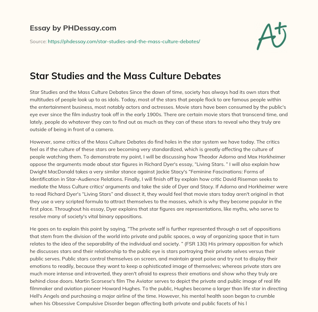 Star Studies and the Mass Culture Debates essay