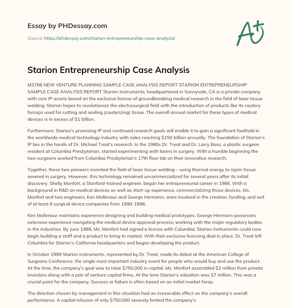 Starion Entrepreneurship Case Analysis essay