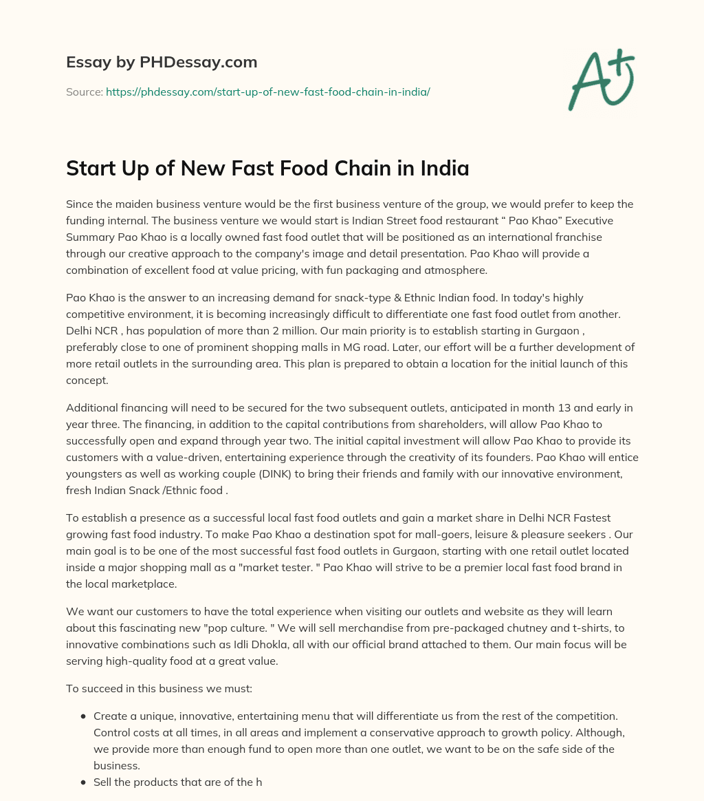 Start Up of New Fast Food Chain in India essay