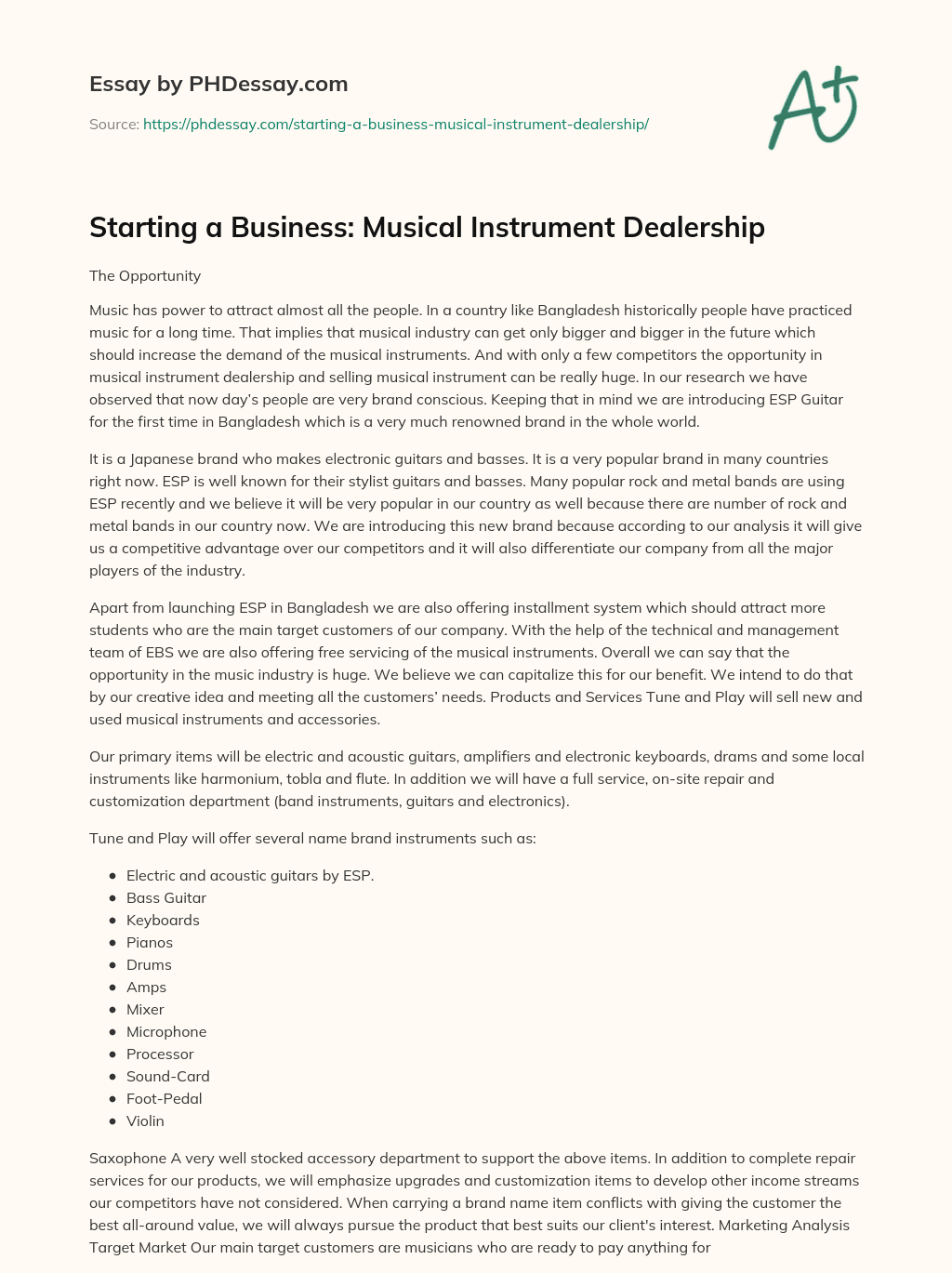 Starting a Business: Musical Instrument Dealership essay