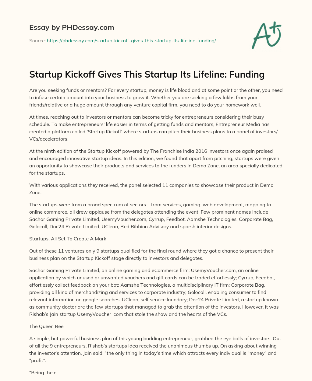Startup Kickoff Gives This Startup Its Lifeline: Funding essay