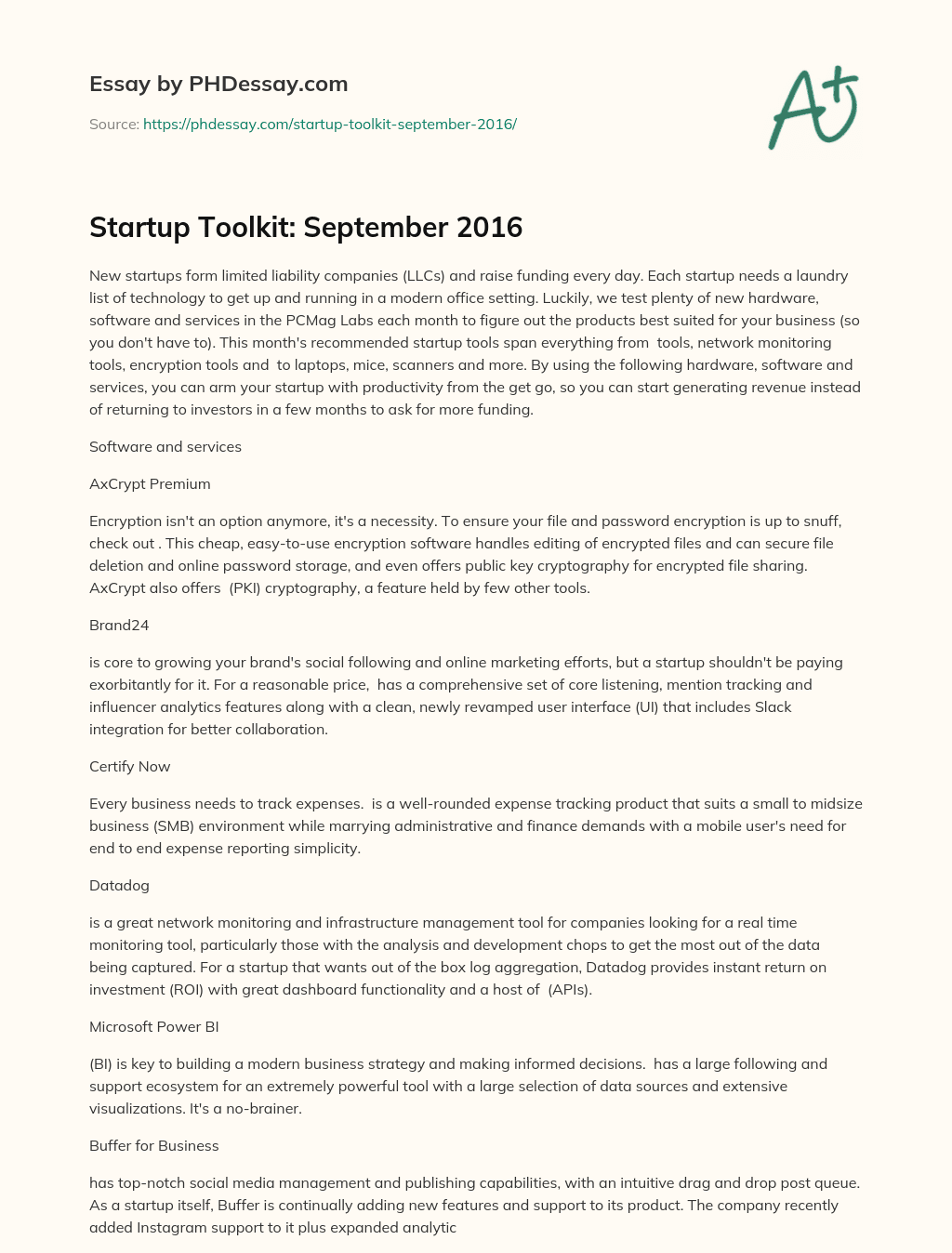 Startup Toolkit: September 2016 essay