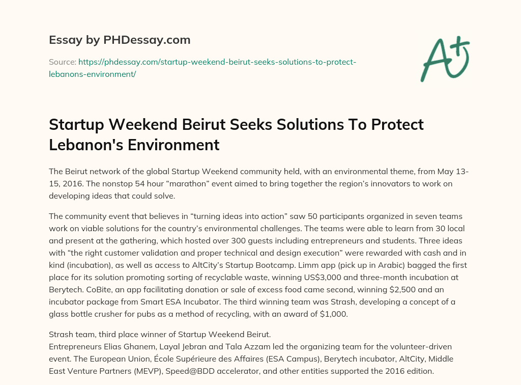 Startup Weekend Beirut Seeks Solutions To Protect Lebanon’s Environment essay