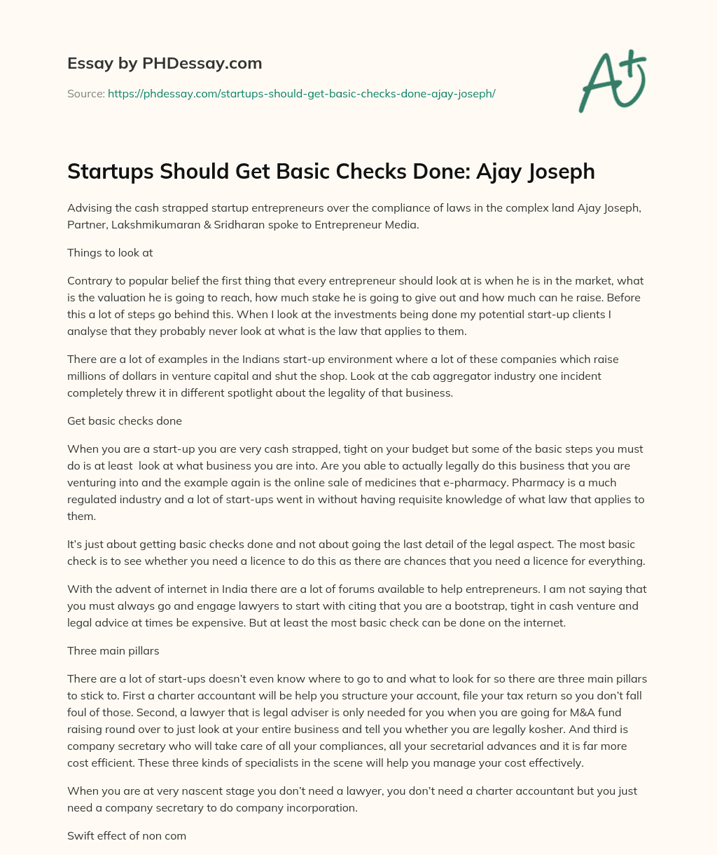 Startups Should Get Basic Checks Done: Ajay Joseph essay
