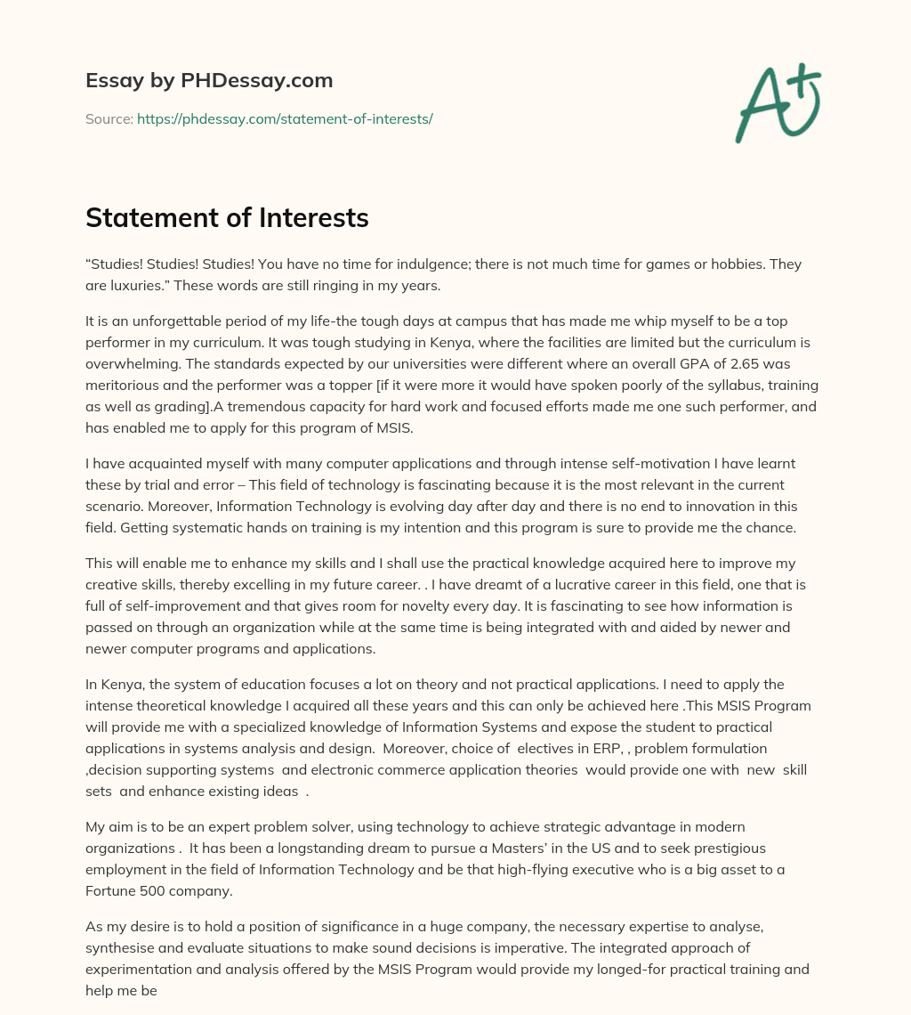 Statement of Interests essay
