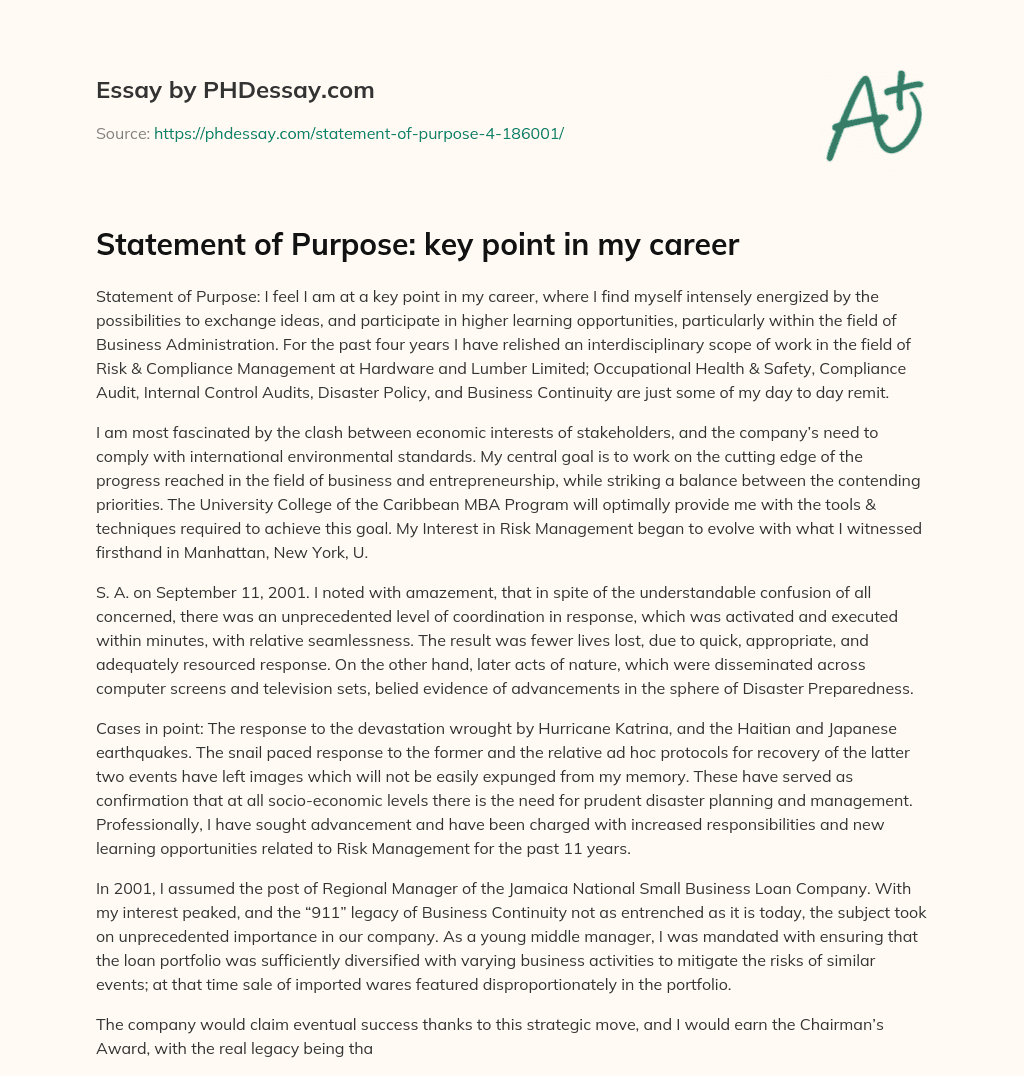 Statement of Purpose: key point in my career essay