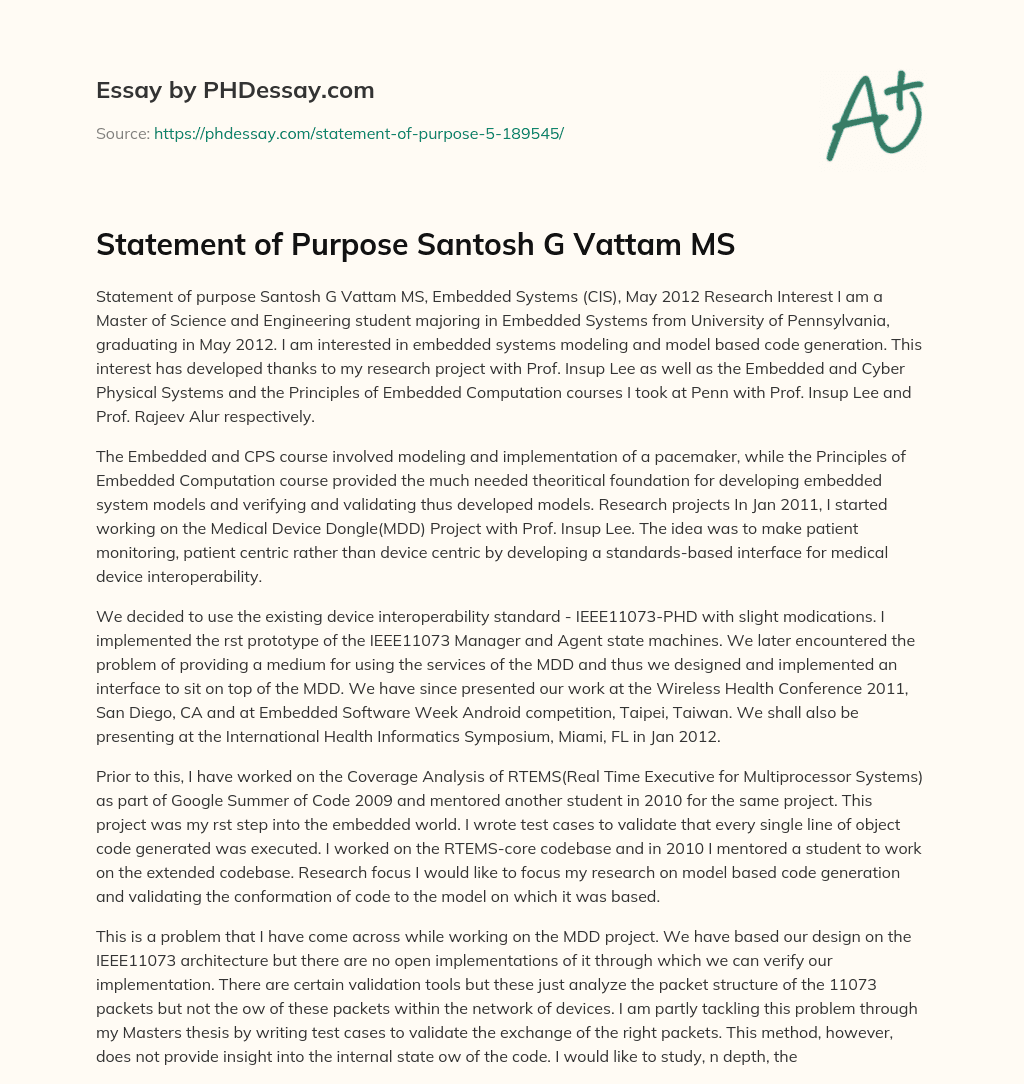 Statement of Purpose Santosh G Vattam MS essay