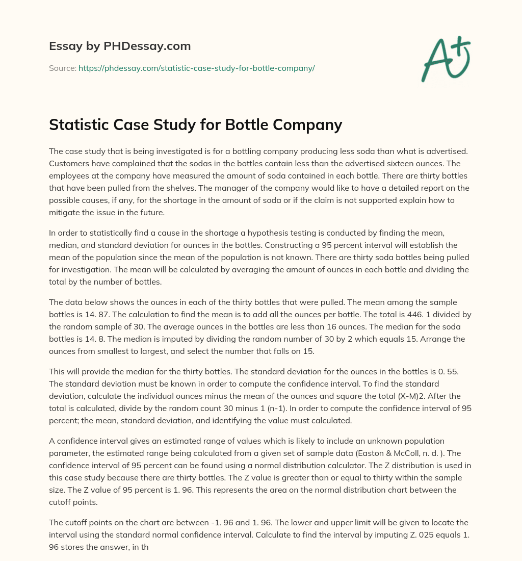 Statistic Case Study for Bottle Company essay