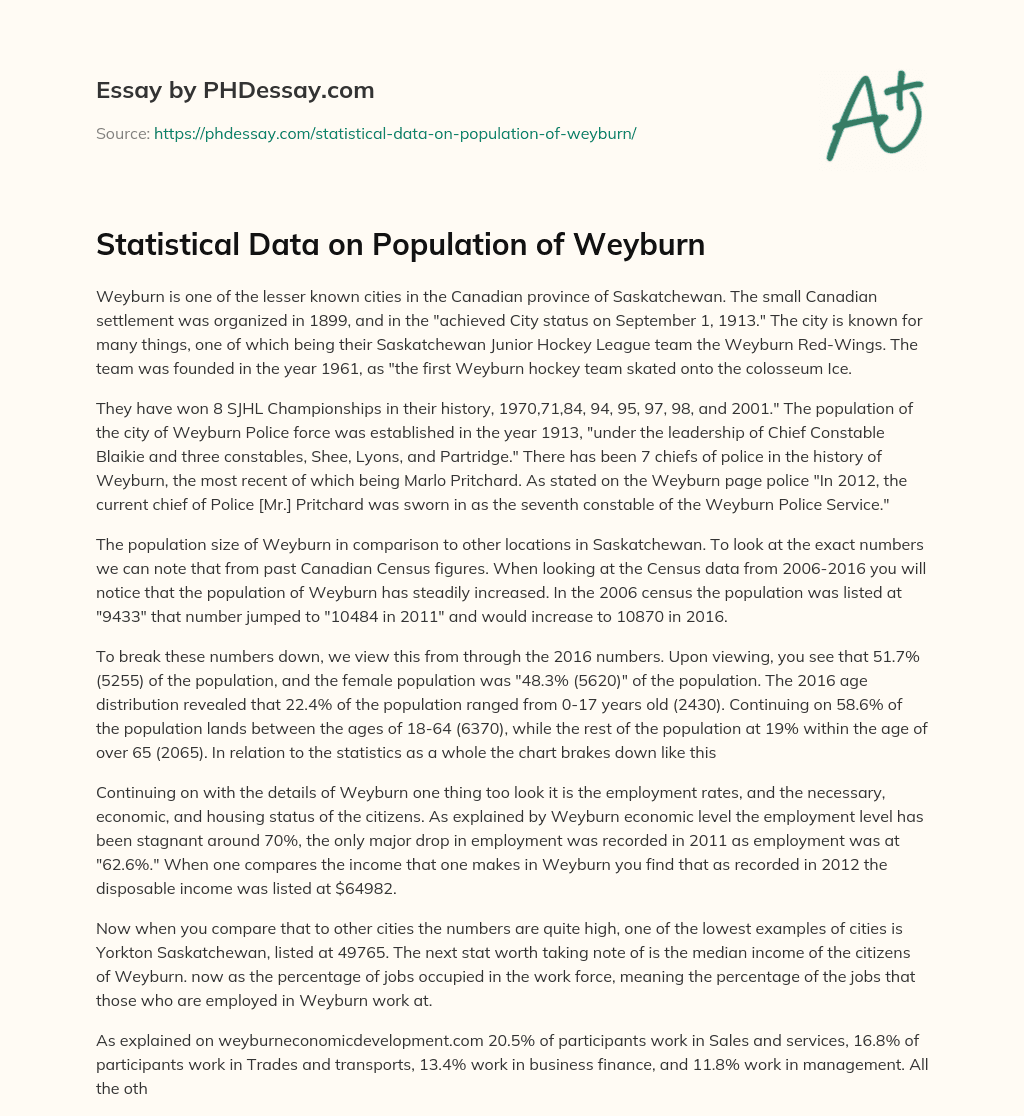 Statistical Data on Population of Weyburn essay