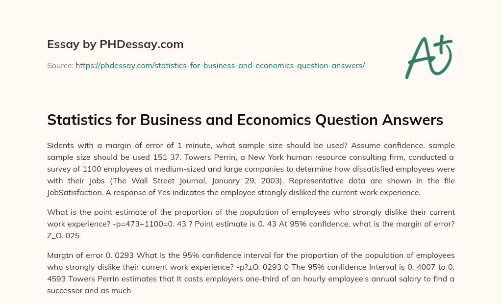 Statistics for Business and Economics Question Answers essay