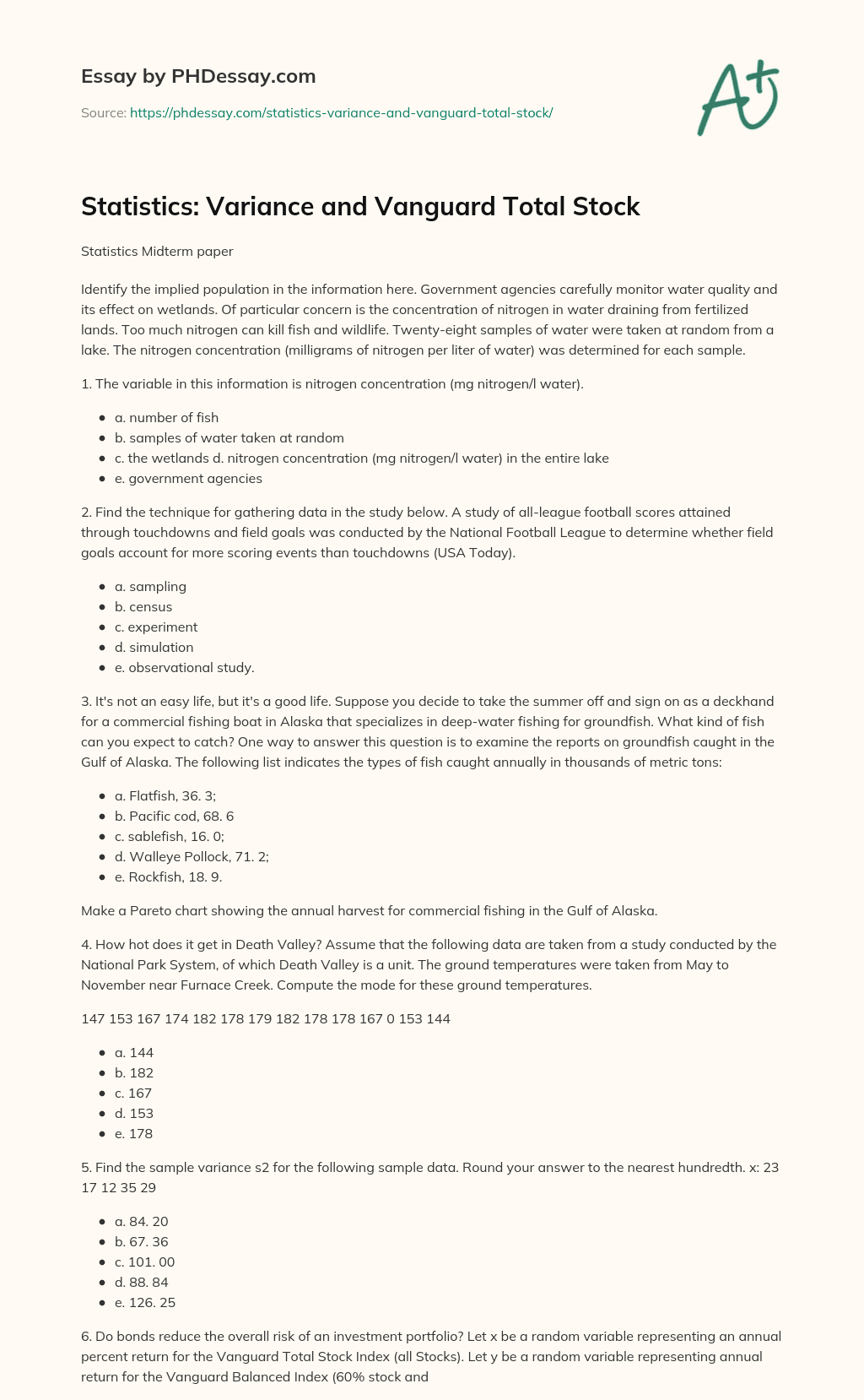 Statistics: Variance and Vanguard Total Stock essay