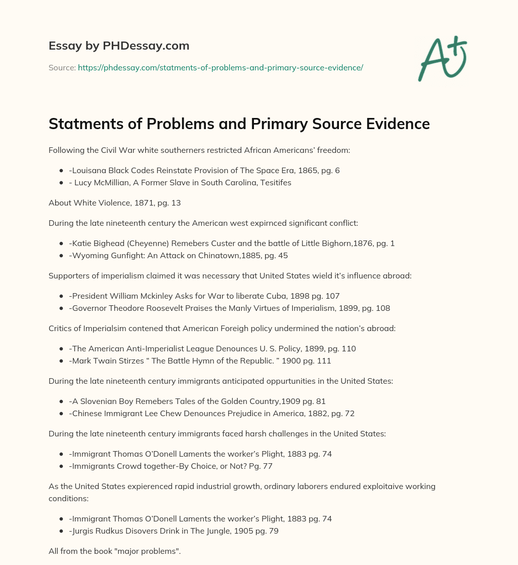 Statments of Problems and Primary Source Evidence essay