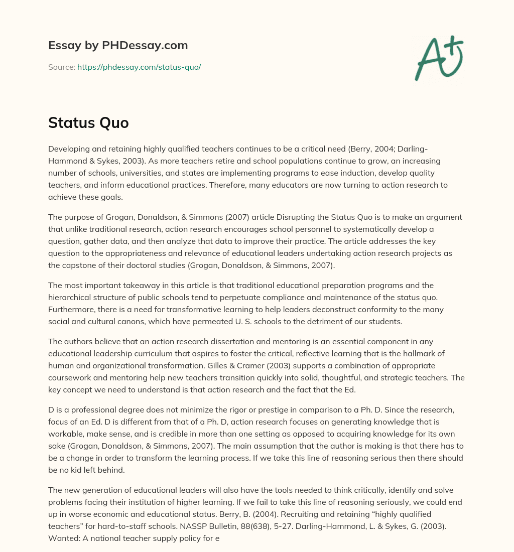 Action Research for Developing Quality Teachers and Transforming Educational Practices essay