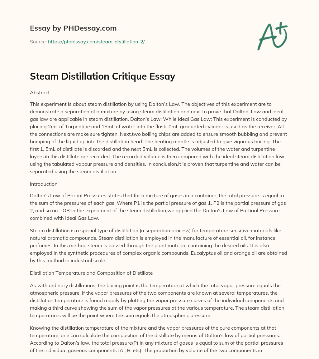 Steam Distillation Critique Essay essay