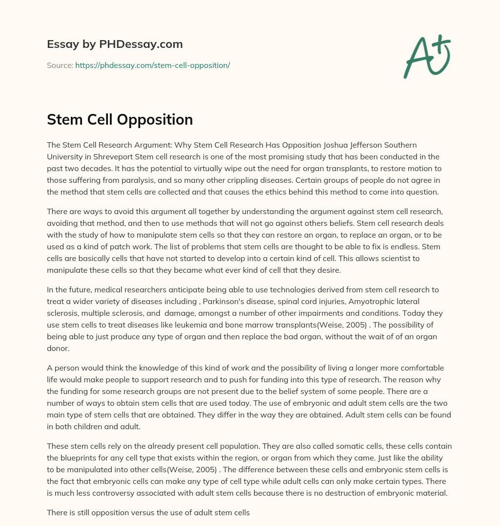 Stem Cell Opposition essay