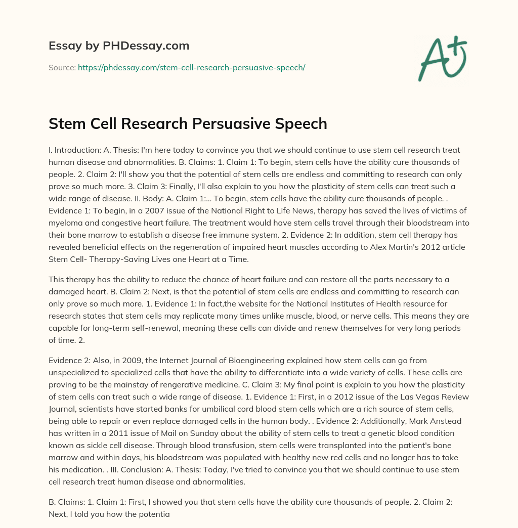 stem cell research persuasive speech