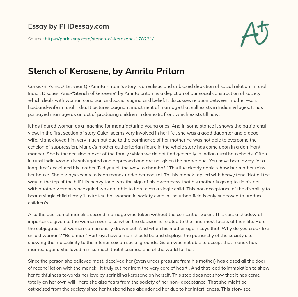 Stench of Kerosene, by Amrita Pritam essay