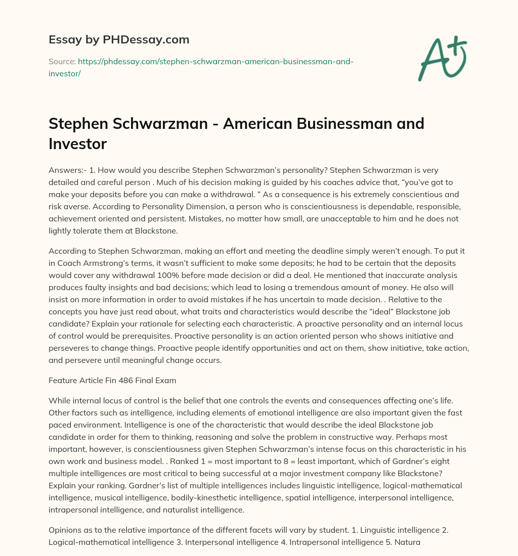 Stephen Schwarzman – American Businessman and Investor essay