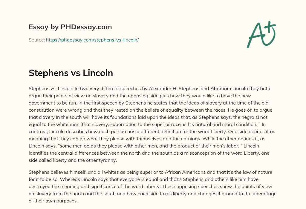Stephens vs Lincoln essay