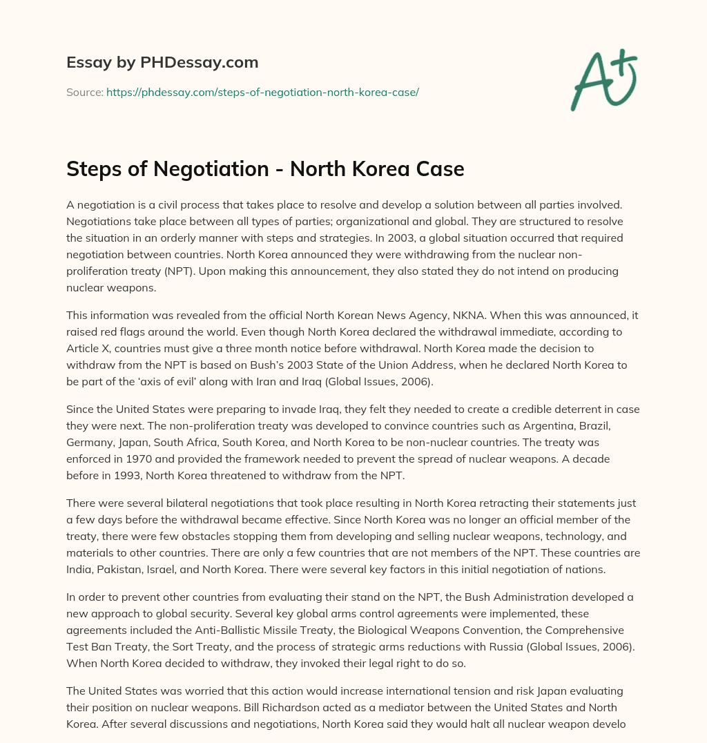 Steps of Negotiation – North Korea Case essay