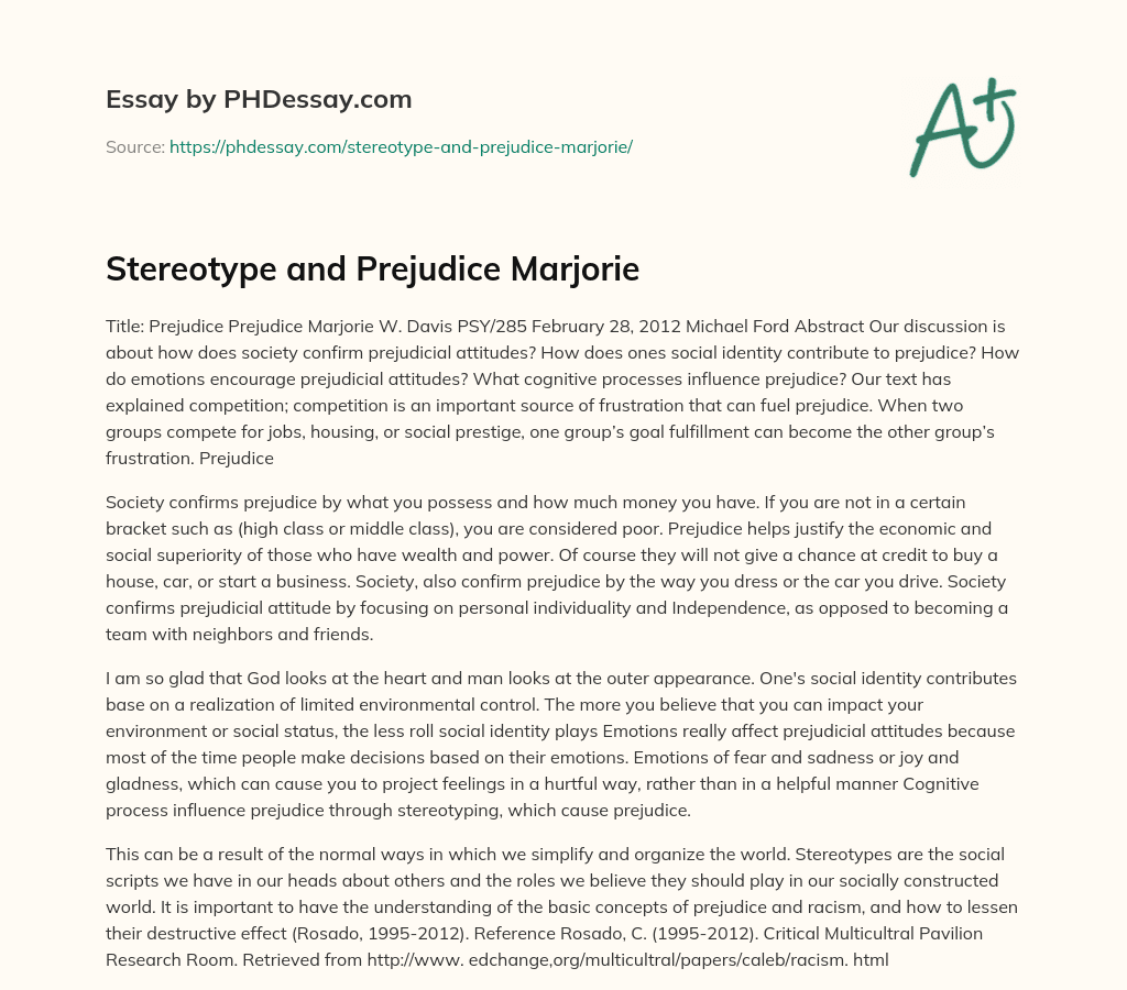 Stereotype and Prejudice Marjorie essay
