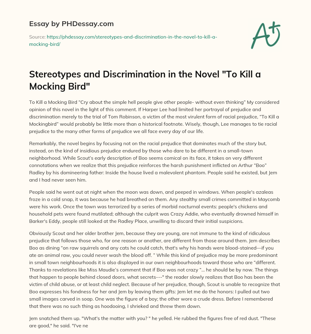 Stereotypes and Discrimination in the Novel “To Kill a Mocking Bird” essay