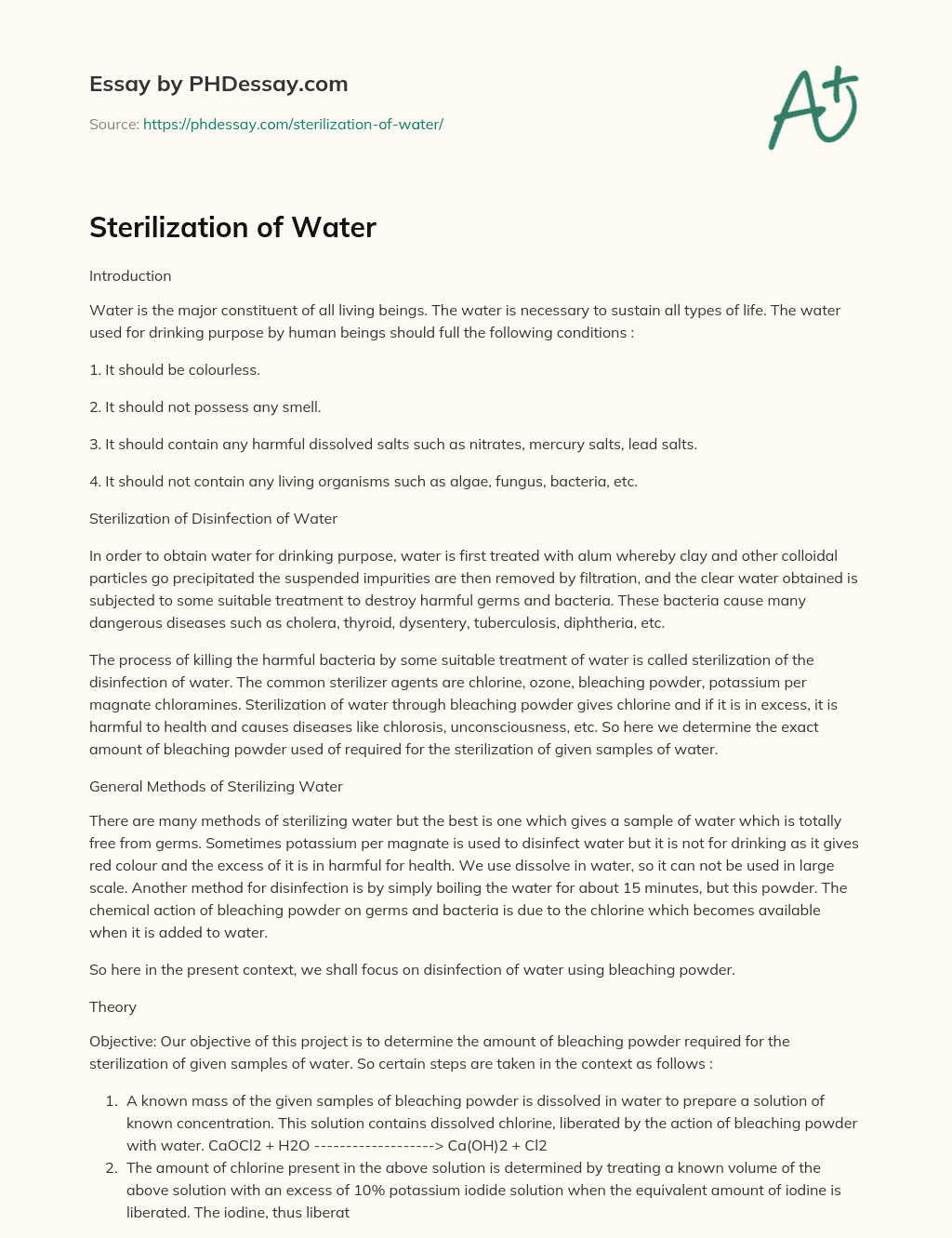 Sterilization of Water essay