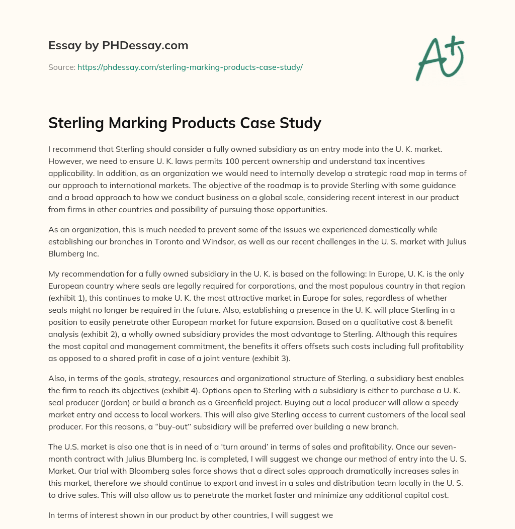 Sterling Marking Products Case Study essay