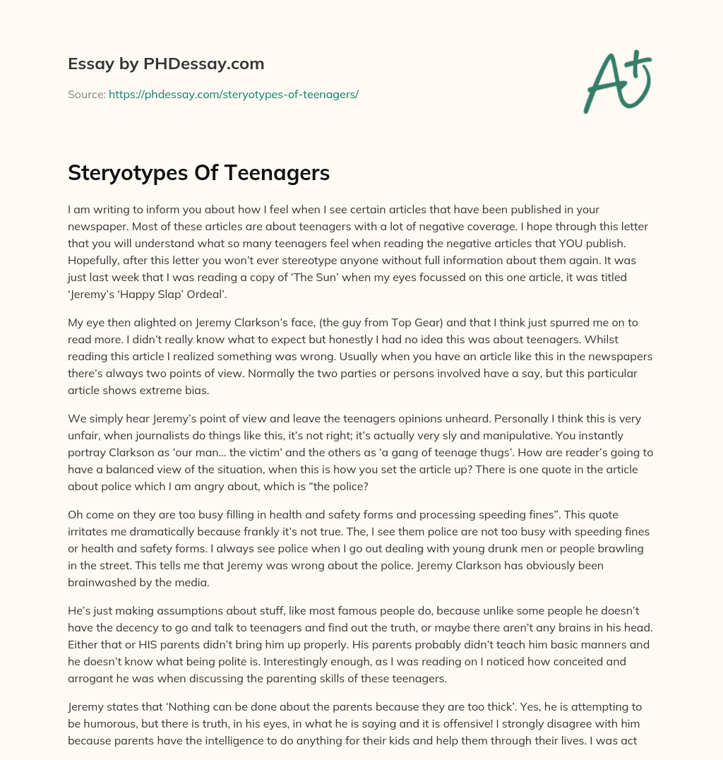 Steryotypes Of Teenagers essay