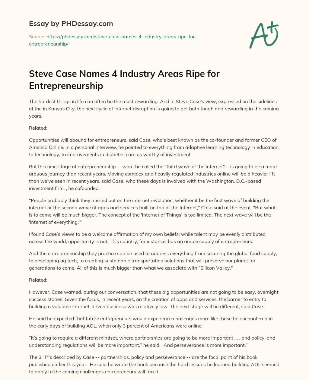 Steve Case Names 4 Industry Areas Ripe for Entrepreneurship essay