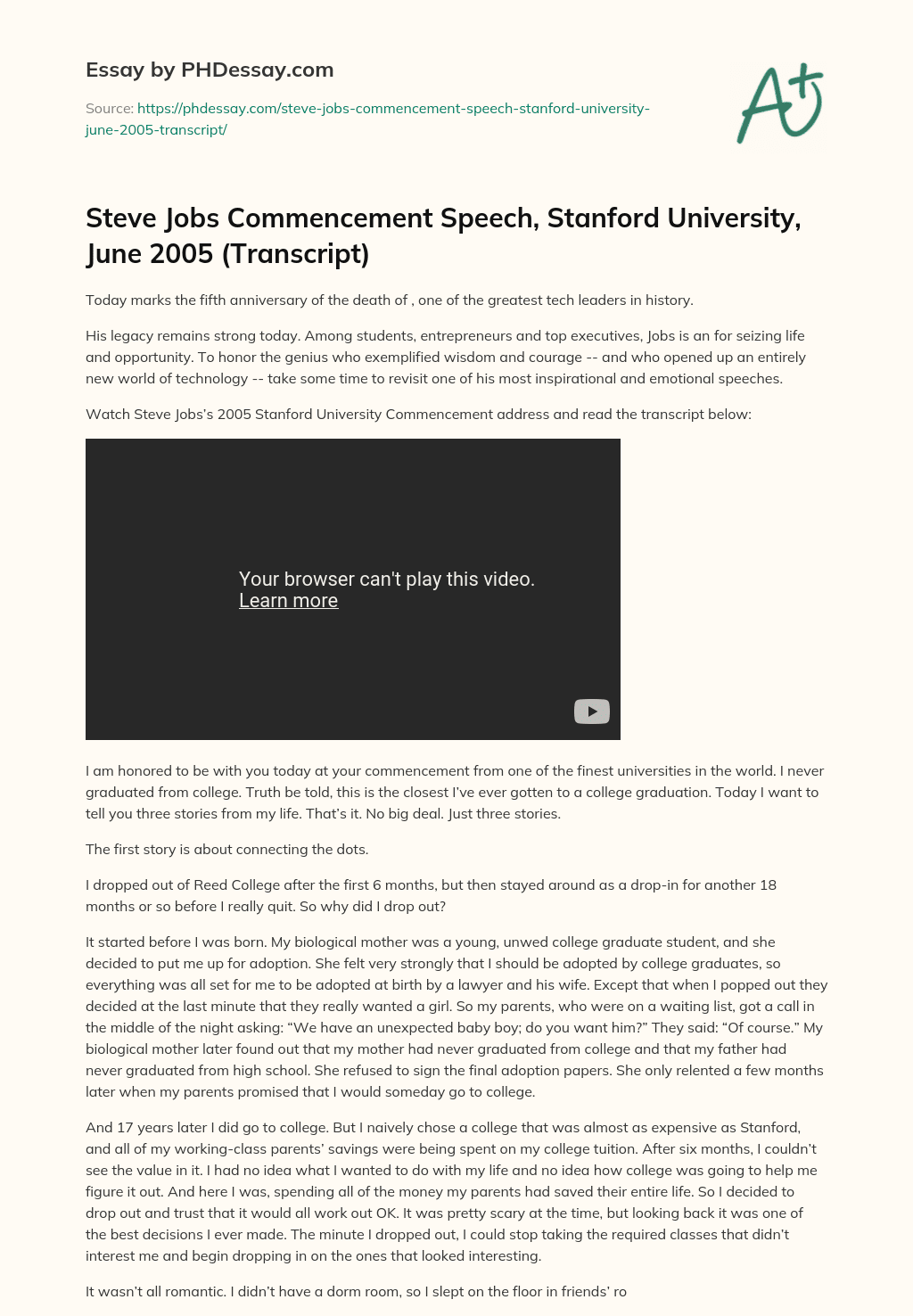 Steve Jobs Commencement Speech, Stanford University, June 2005 (Transcript) essay