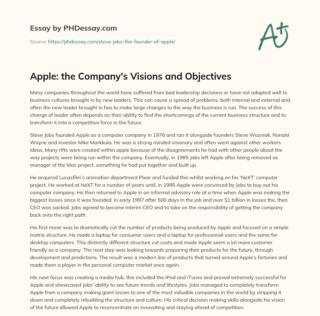 Apple: the Company’s Visions and Objectives essay