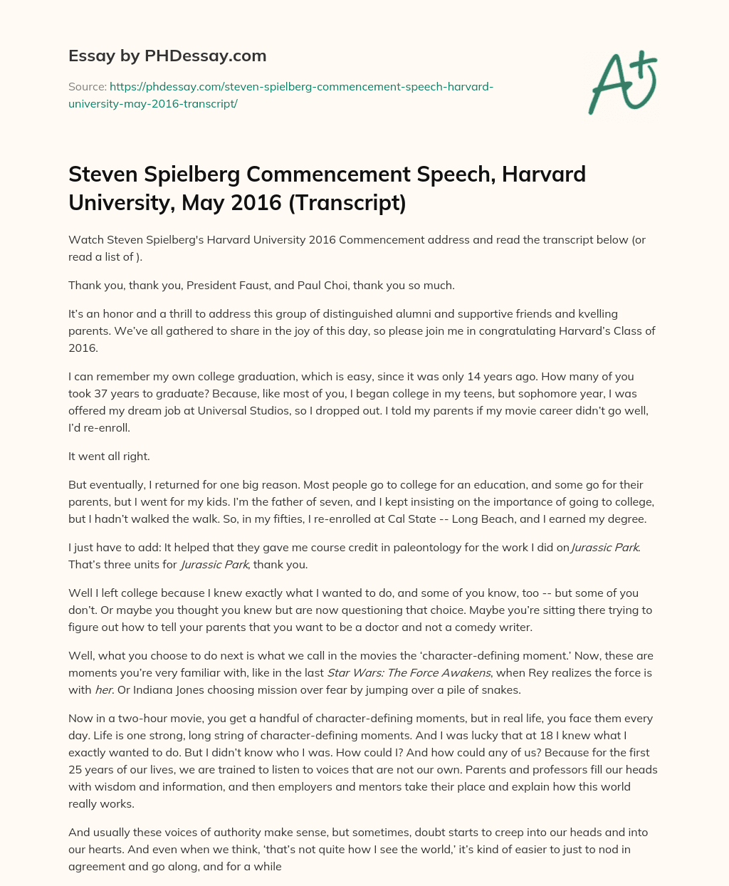 Steven Spielberg’s Harvard Commencement Speech: The Importance of Education and Perseverance essay