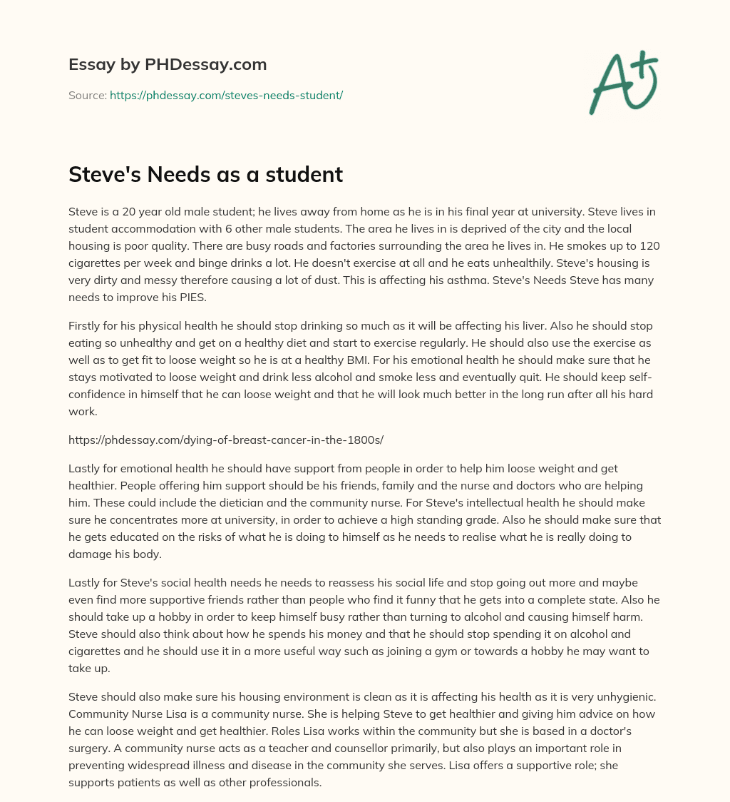 Steve’s Needs as a student essay