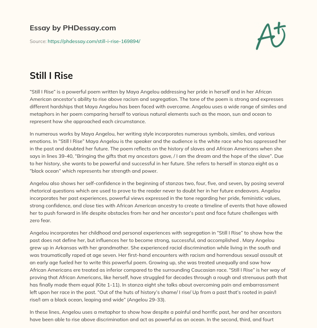 Maya Angelou’s Still I Rise: A Poem of Resilience and Empowerment essay