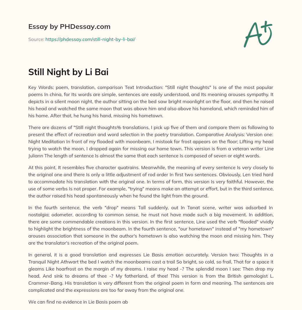 Still Night by Li Bai essay