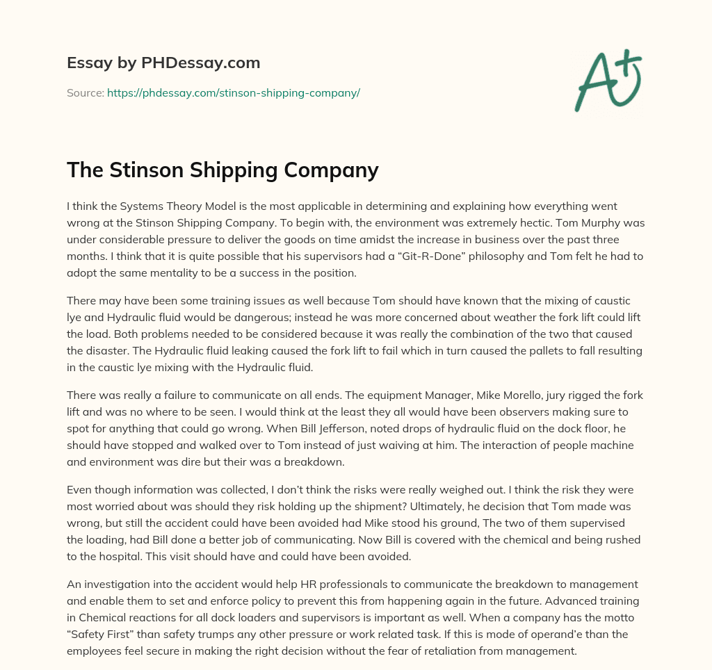 The Stinson Shipping Company essay