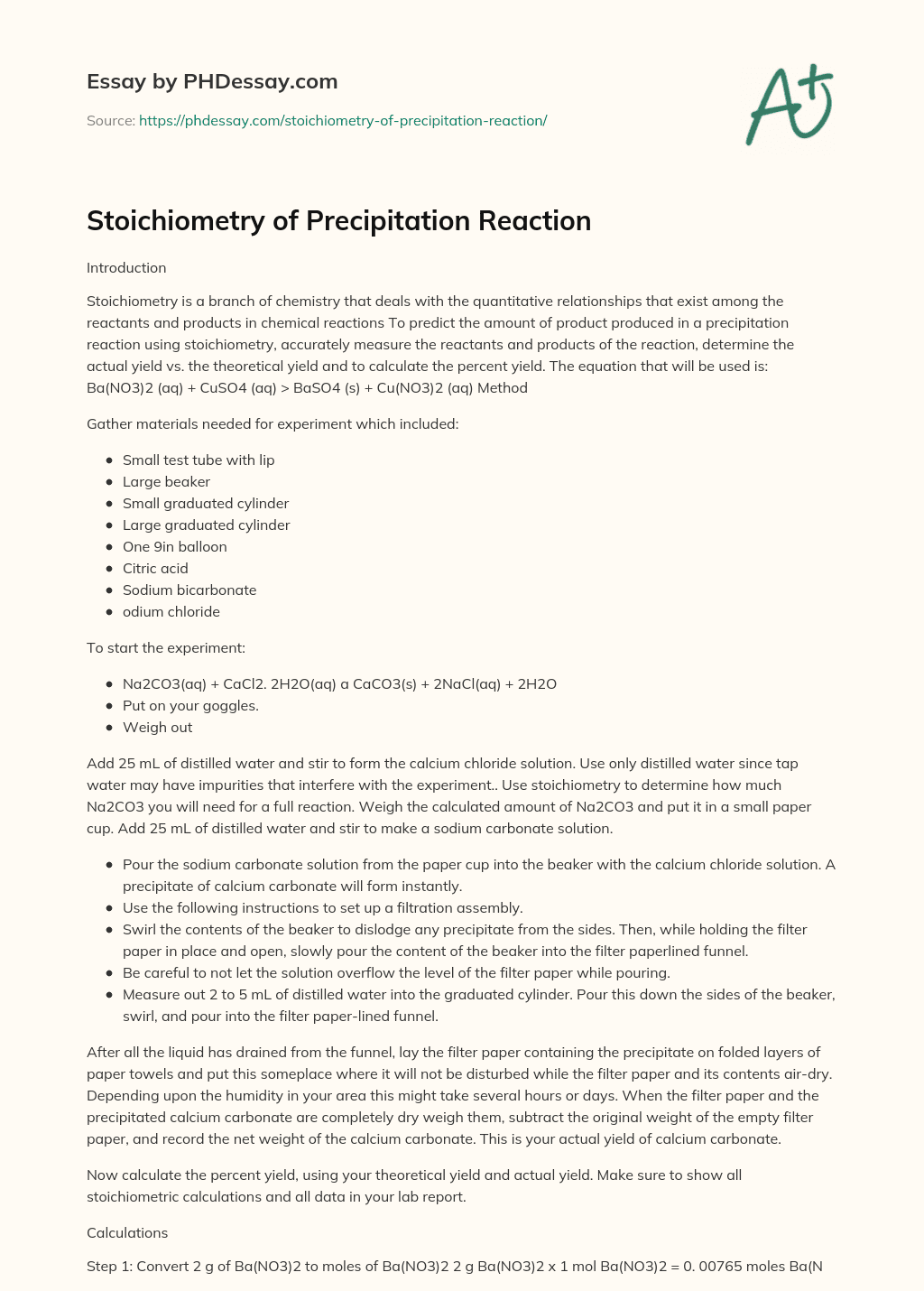 Stoichiometry of Precipitation Reaction essay