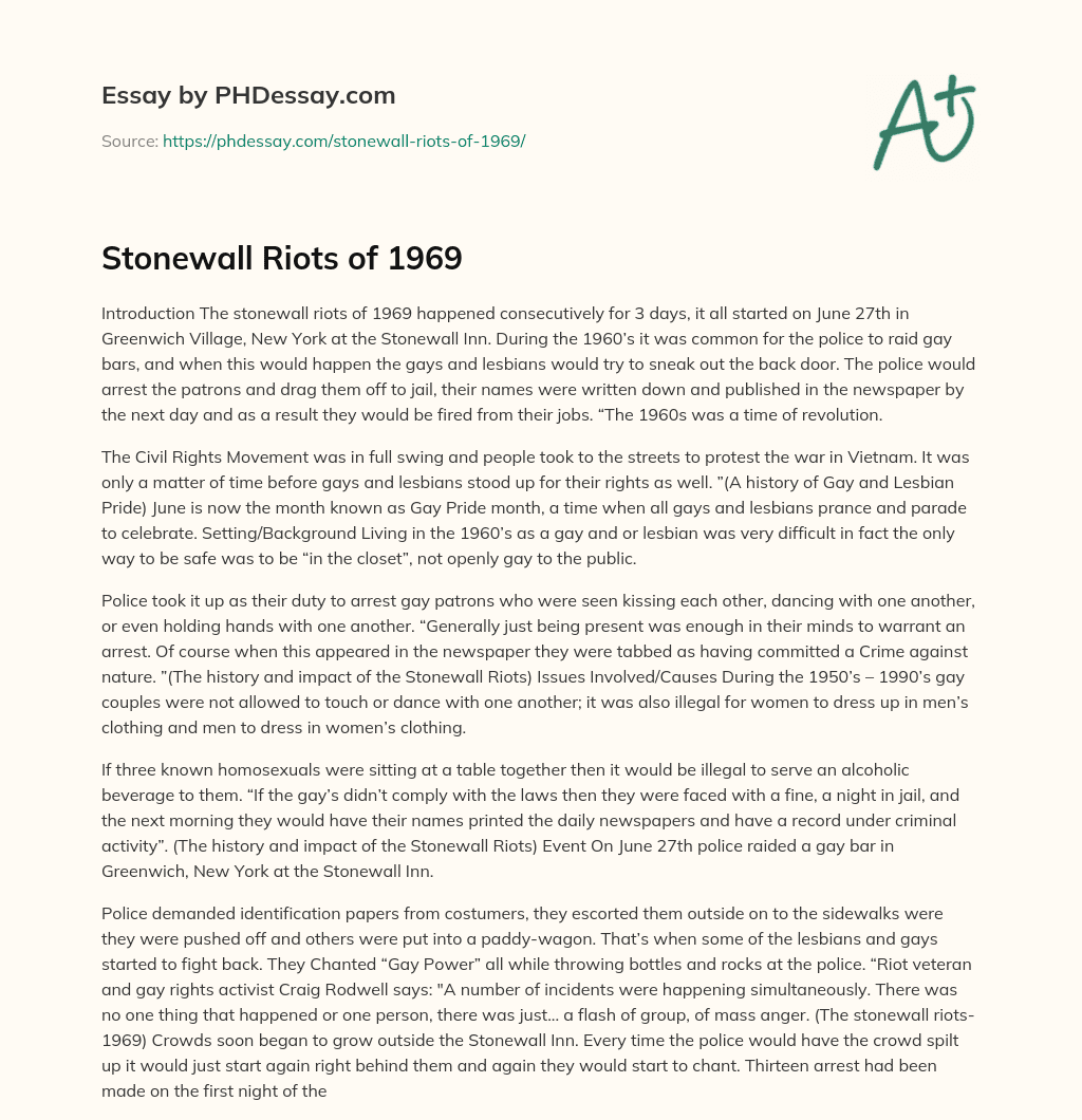 Stonewall Riots of 1969 essay